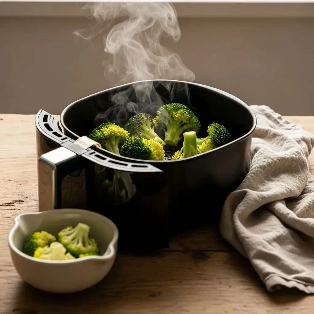 Broccoli florets in an air fryer basket mid-cook, showing the single layer arrangement and steam rising from the florets.
