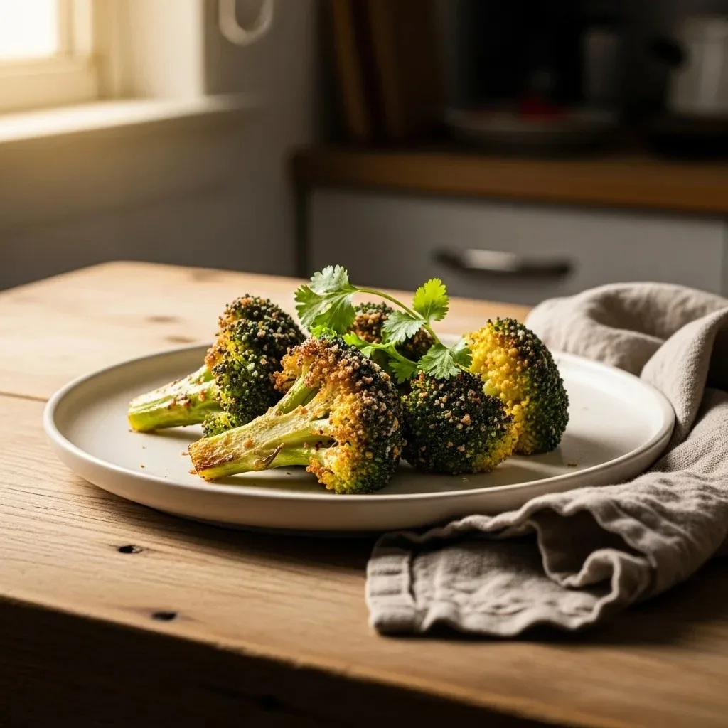 Air-fried broccoli florets on a matte cream ceramic plate, edges charred and crispy, on a light wooden surface.