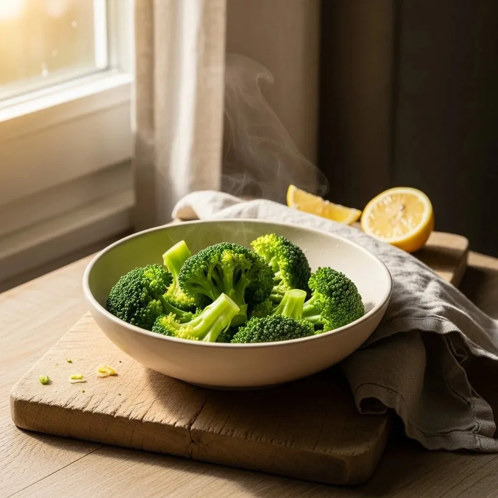 Blanched broccoli just removed from an ice bath, vivid neon green, glistening on a white kitchen towel