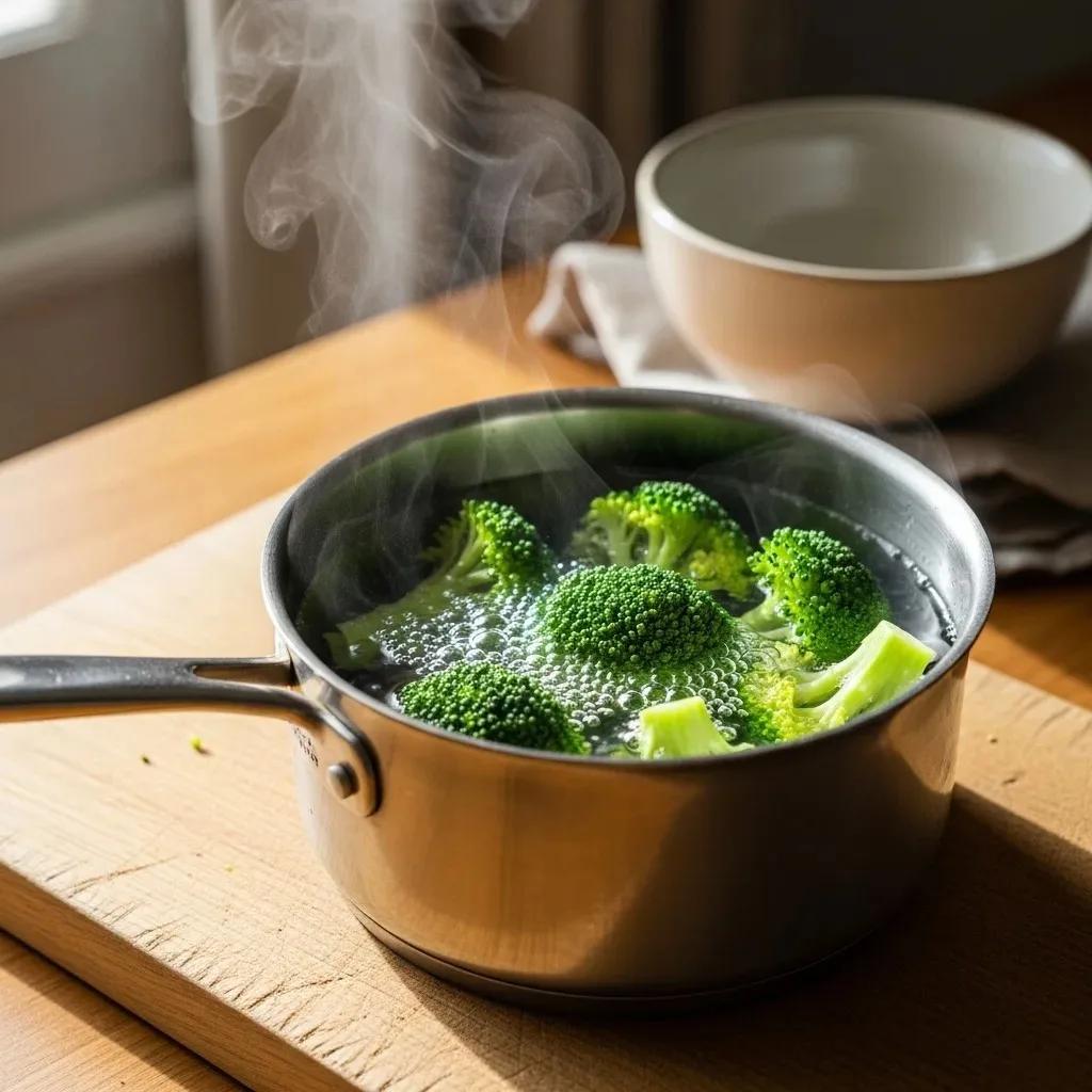 Bright green broccoli florets being lifted from a pot of boiling water with a slotted spoon