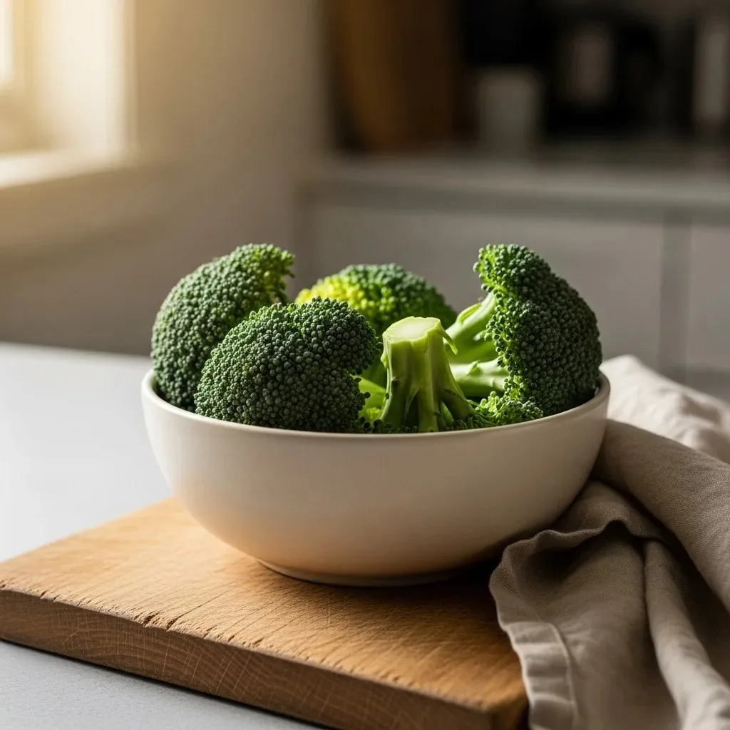 Broccoli halved vertically showing the thick stem cross-section alongside the florets