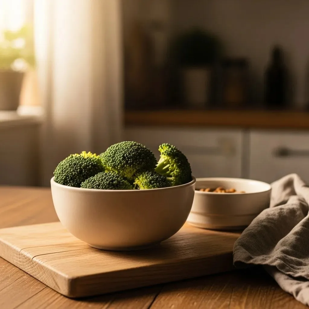 A dog sniffing a small bowl of plain broccoli florets on a light wood surface