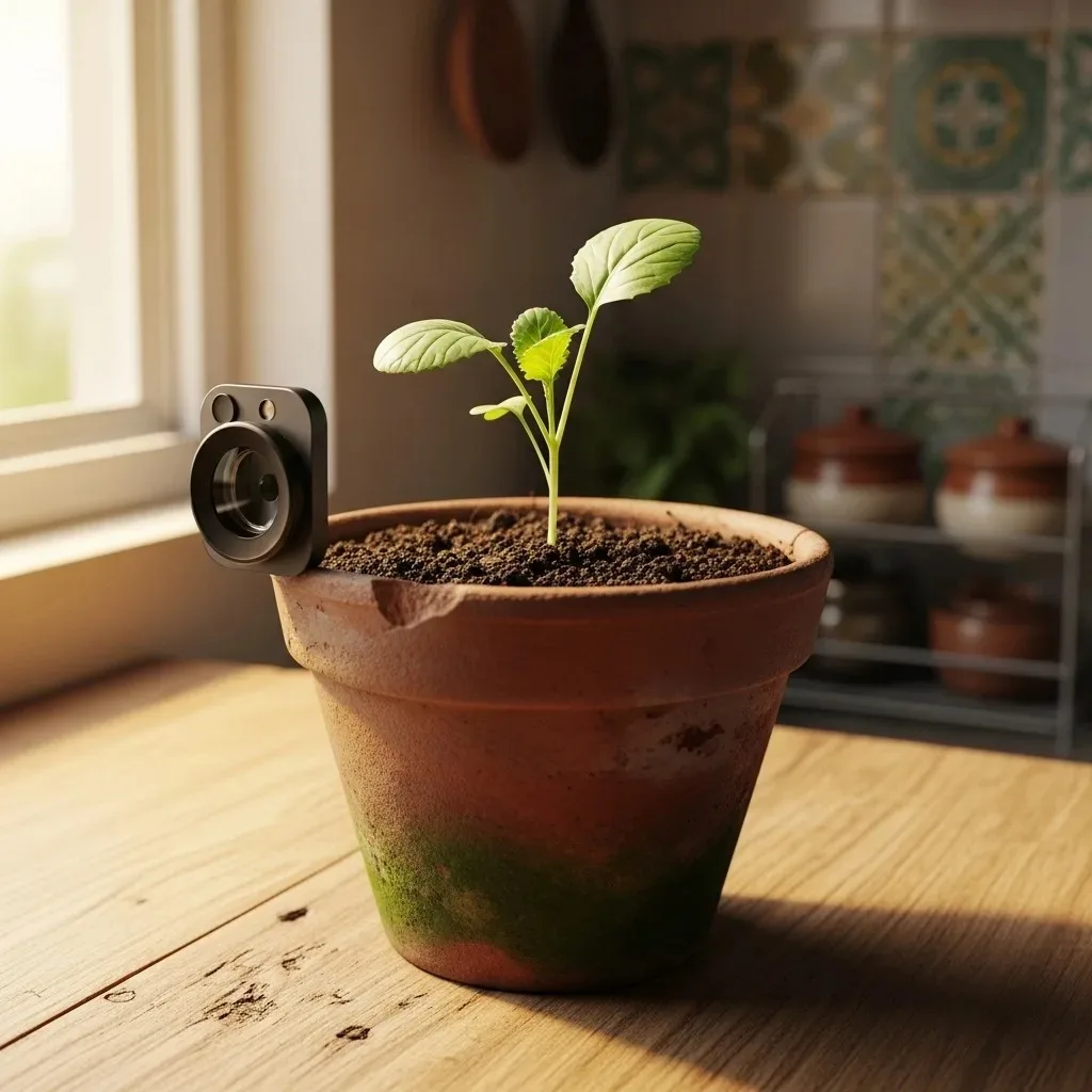 Broccoli plant with head just forming in a terracotta pot on a balcony, natural light