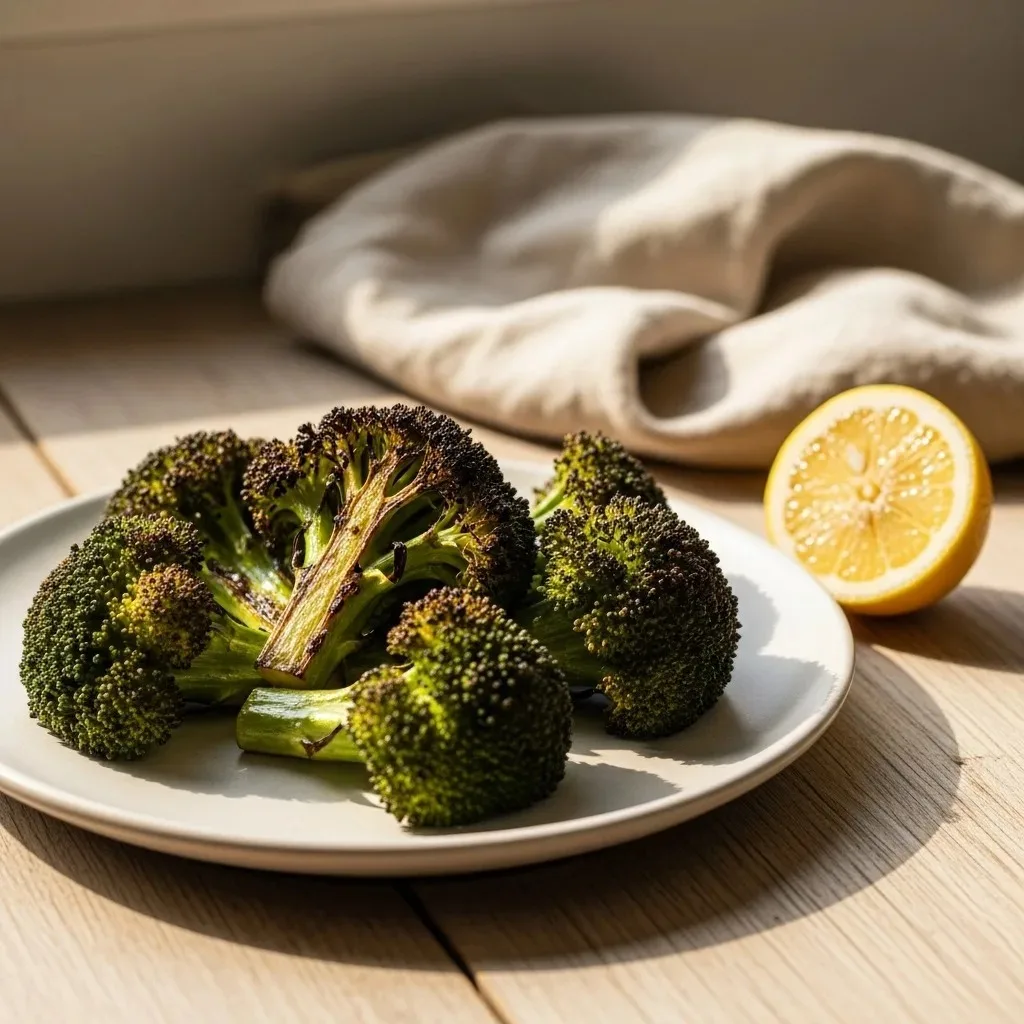 Roasted broccoli with deeply golden and slightly charred edges fresh from the oven, with a lemon wedge