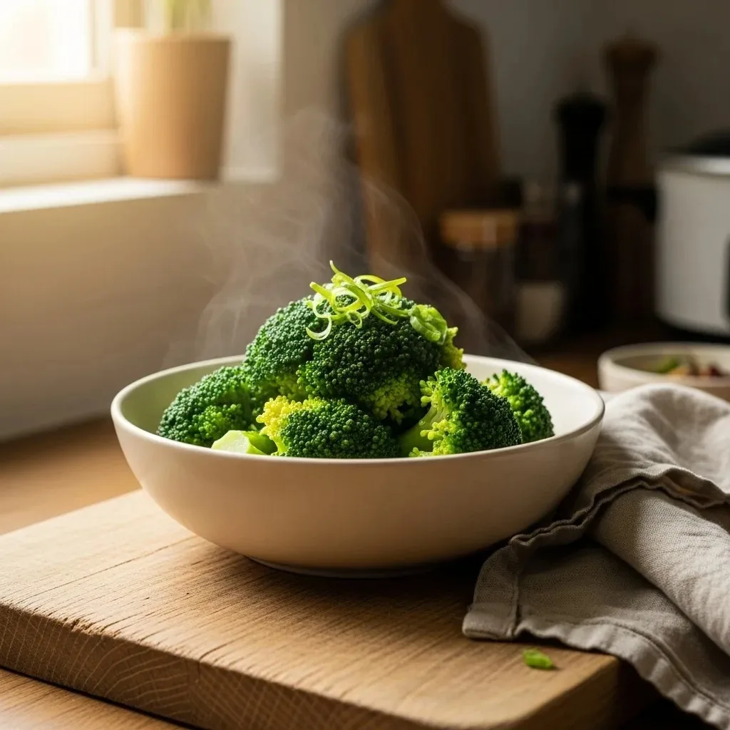 Steamed broccoli florets bright green and fresh in a matte cream ceramic bowl, ready to serve